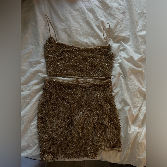 Oh Polly Drop a Glint Embellished Mini Skirt and Crop Top in Gold - Picture 3 of 6